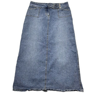 Vintage 00s Y2K Carolina Blues Med Wash Triple Buckle Denim Maxi Skirt 12 30x33"